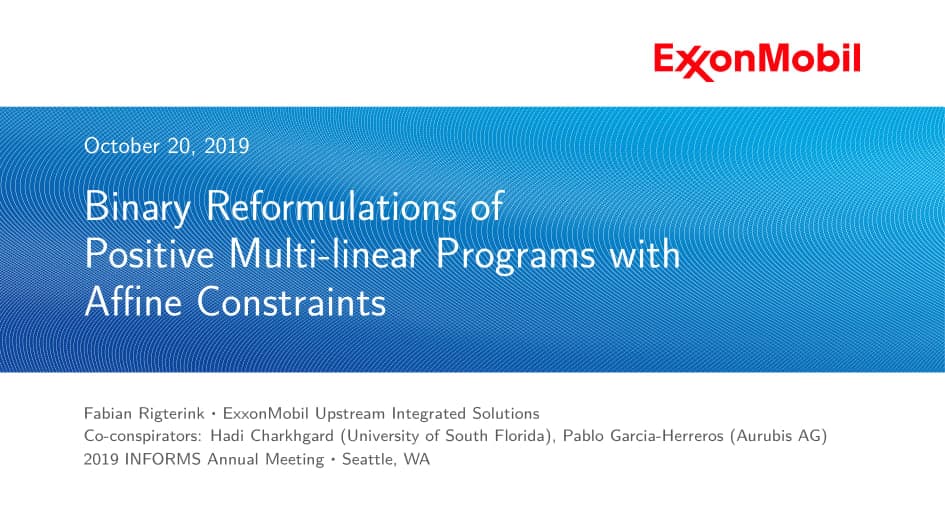Binary reformulations of positive multi-linear programs with affine constraints